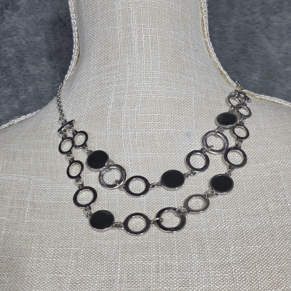 Silver Tone Necklace Black Accent Circles Double Strand Fashion Jewelryā